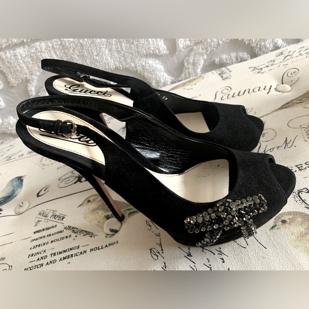 GUCCI Authentic Shoes: Black Suede, Peep-Toe, 1 Rhinestone Bow, 5.5 inch Heel 39